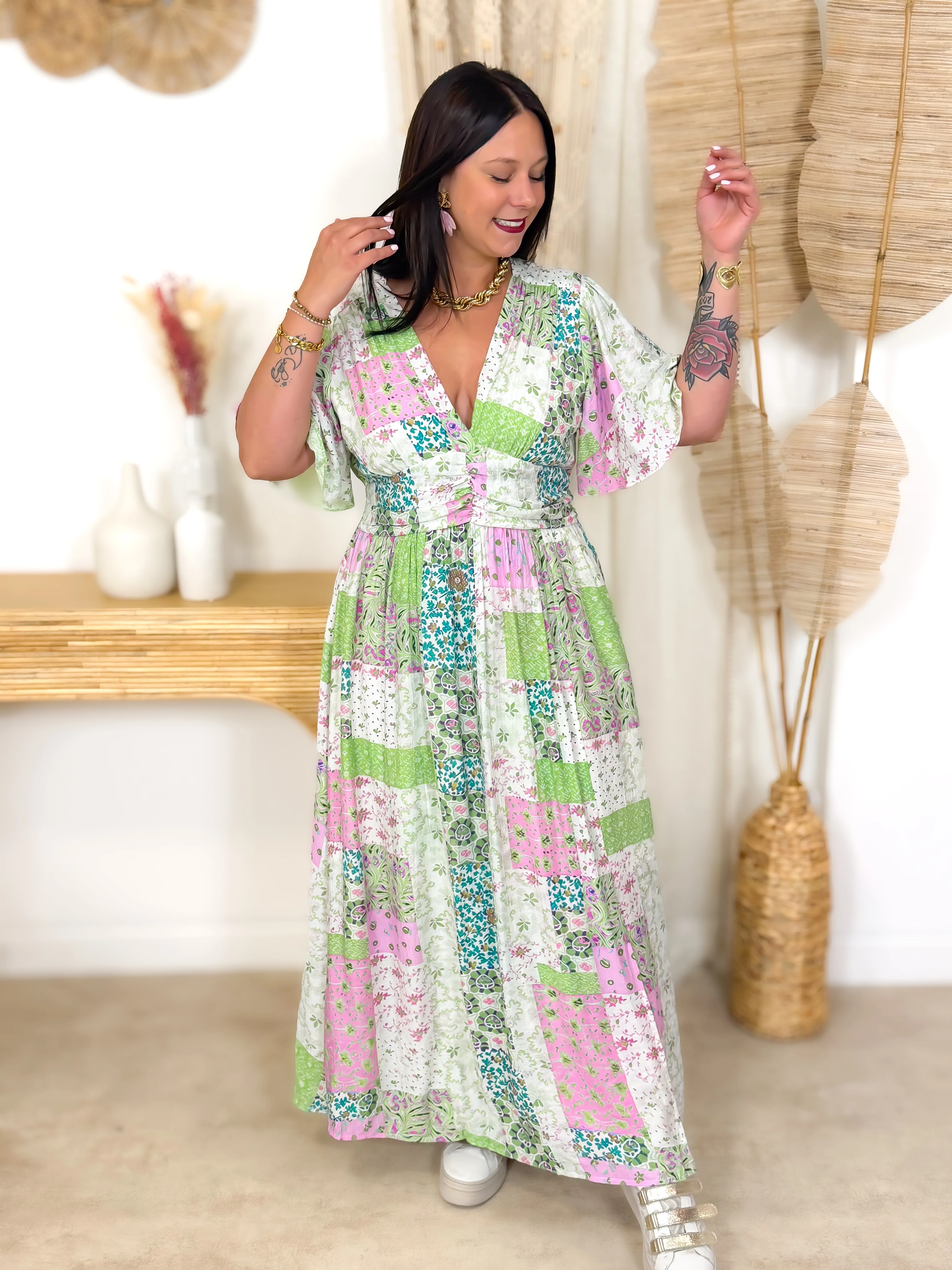 Robe Longue - Leva - Vert & Rose - Image 5