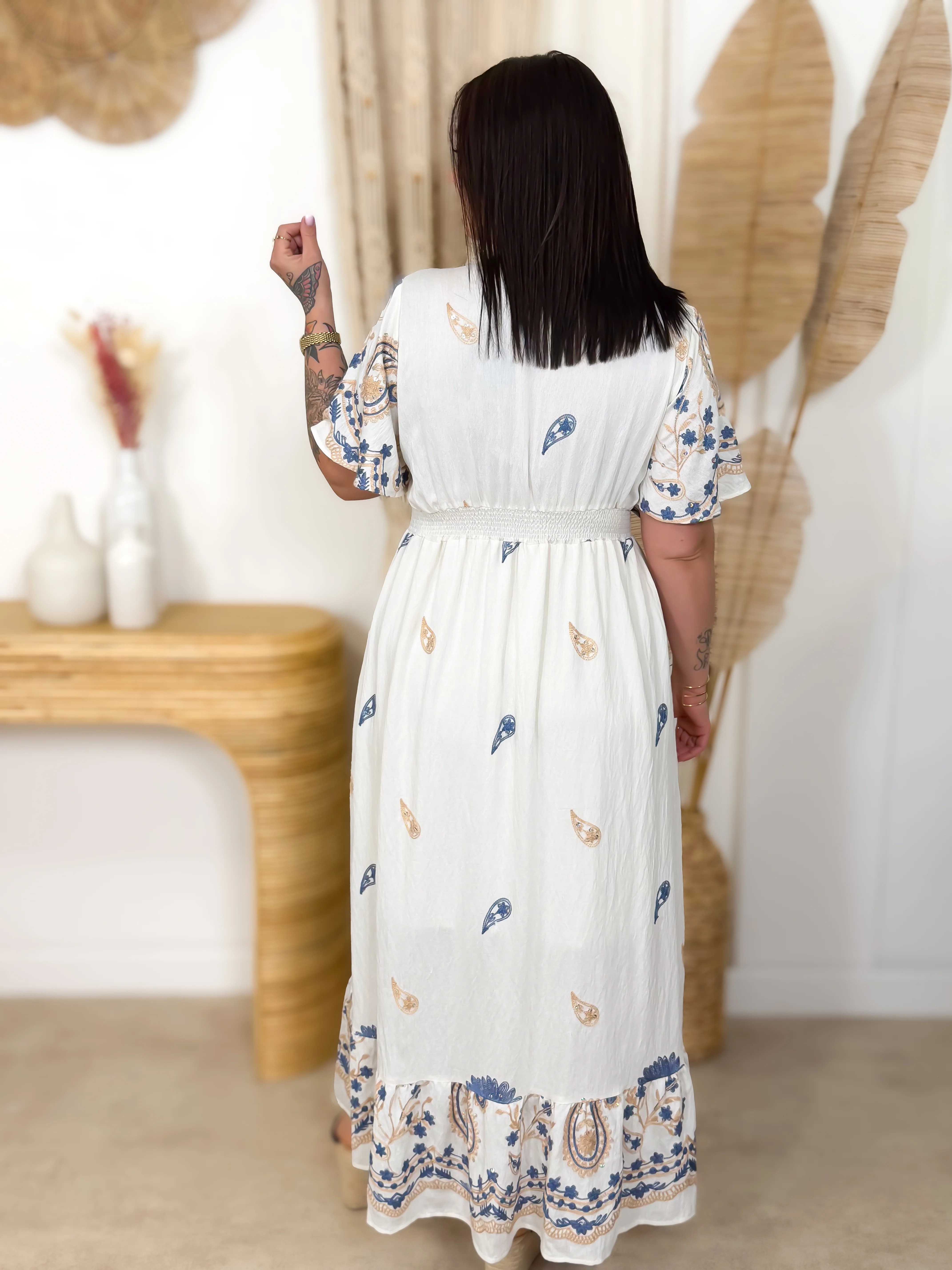 Robe Longue - Tonia - Ecru & Bleu Ciel - Image 8